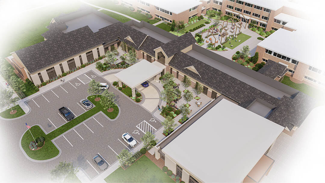 AG Architecture's courtyard rendering for Greenwood Village South, in Greenwood, IN is shown in this aerial.