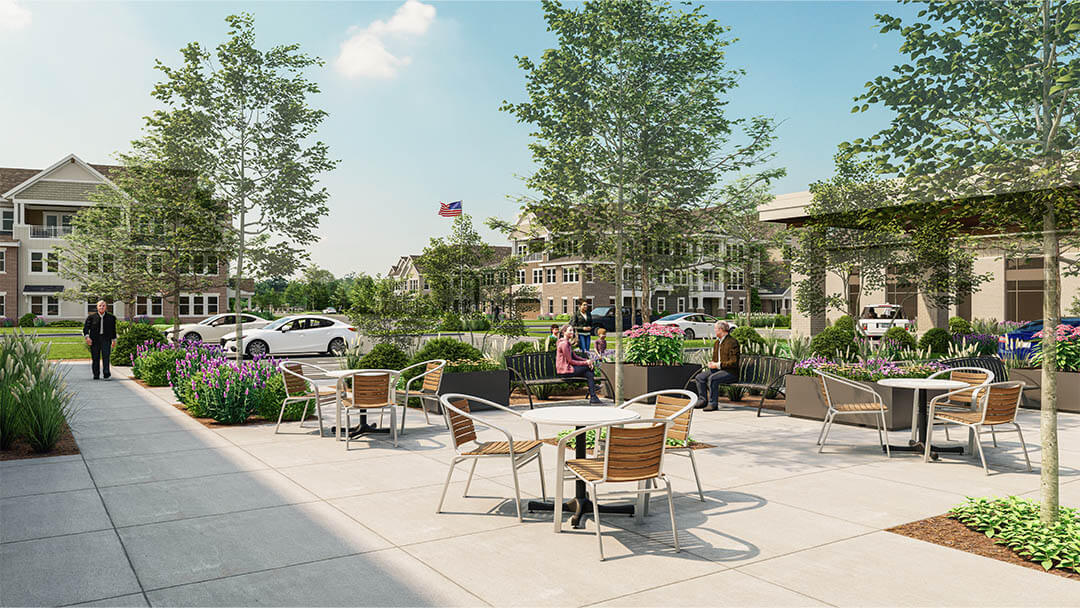 AG Architecture's courtyard rendering for Greenwood Village South, in Greenwood, IN.