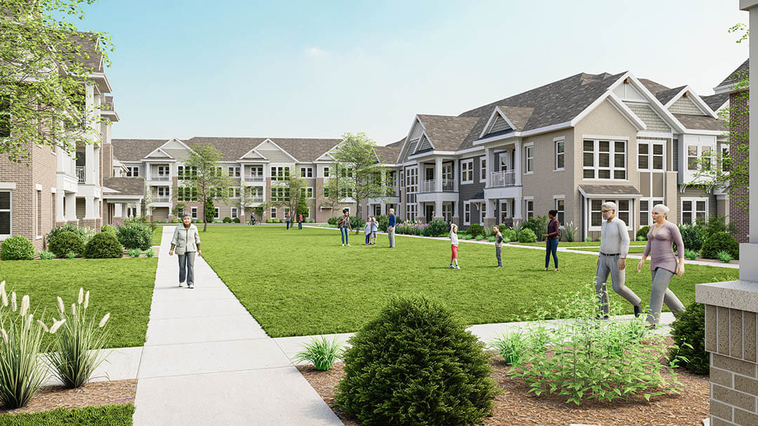 AG Architecture's courtyard rendering for Greenwood Village South, in Greenwood, IN.