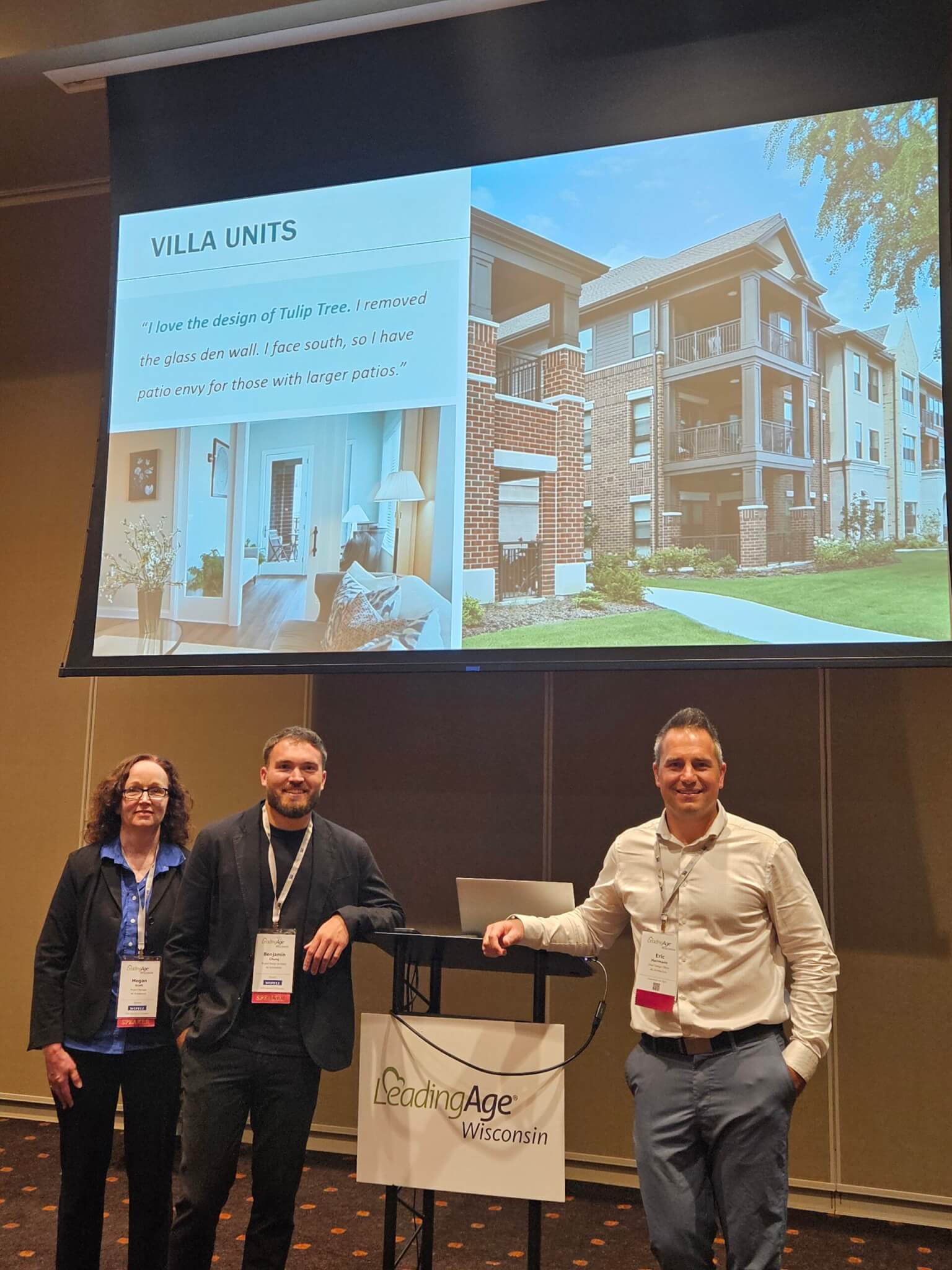 Post presentation photo of Megan Scott at LeadingAge Illinois in 2025 where she spoke about the successful Plymouth Place project. 