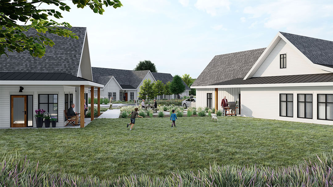 This rendering depicts an active neighborhood with multiple generations of people enjoying the outdoors.