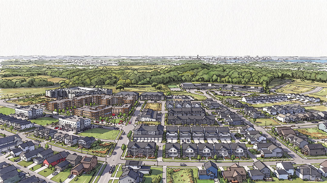 This rendering shows an aerial view of a high-density neighborhood with a variety of housing options.